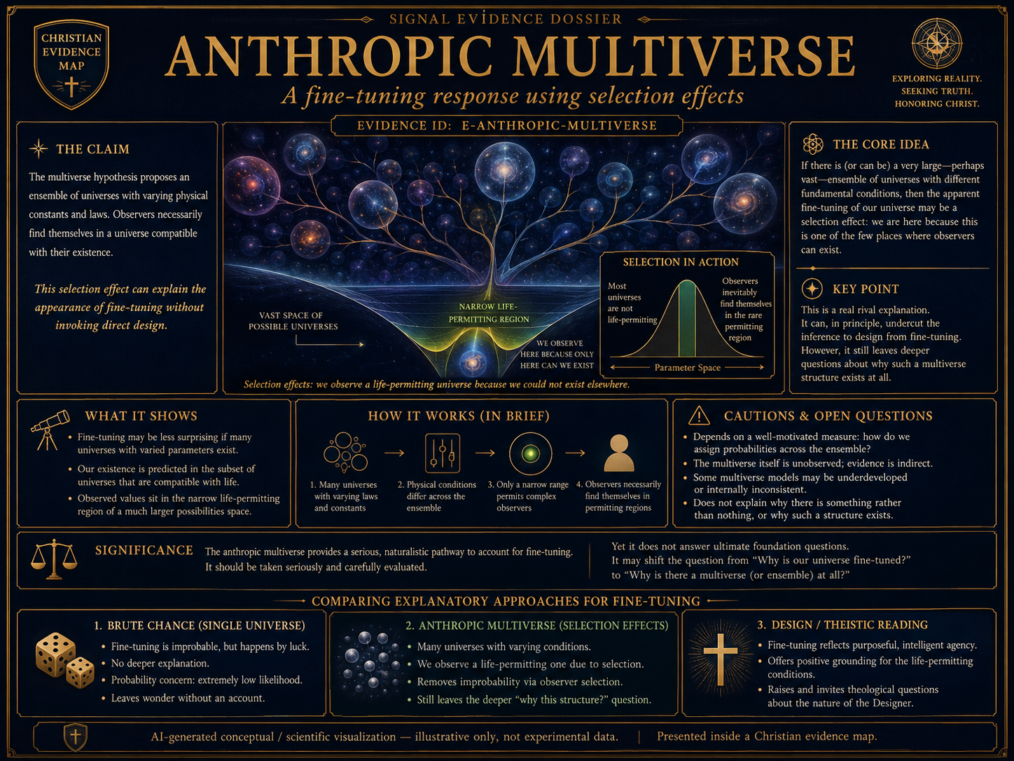 AI-generated conceptual scientific visualization of the anthropic multiverse response to fine-tuning, selection effects, life-permitting universes, and bounded rival pressure inside a Christian evidence map.