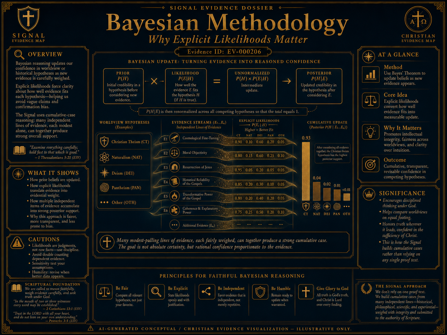 Bayesian Methodology Christian Evidence Visualization visual overview for Bayesian methodology — why explicit likelihoods matter. AI-generated methodology visualization ? illustrative only. It explains Signal reasoning and does not add scored evidence.