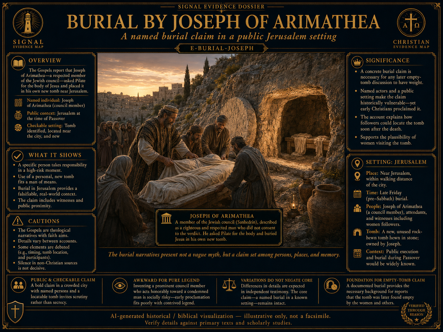 Burial Of Jesus By Joseph Of Arimathea visual overview for Burial by Joseph of Arimathea — named, falsifiable context in Jerusalem. AI-generated biblical / historical visualization ? illustrative only, not a claim of Jesus' exact physical appearance or a facsimile. Verify details against Scripture, primary sources, and scholarly studies.