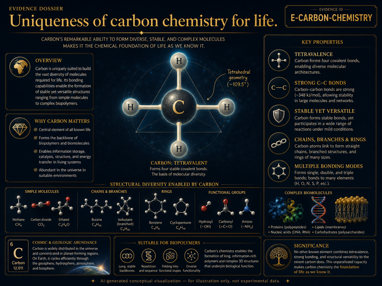 AI-generated conceptual visualization of carbon chemistry for life, showing carbon bonding, molecular chains, biopolymers, chemical stability, and life-friendly molecular complexity.