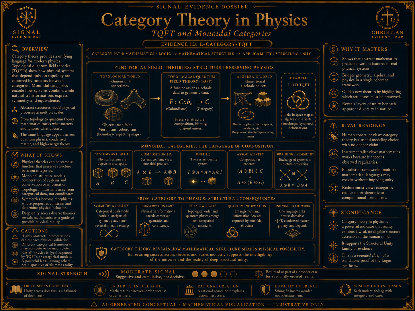 Category Theory In Physics Signal Dossier visual overview for Category theory in physics (TQFT, monoidal categories). AI-generated conceptual / scientific visualization - for illustration only, not experimental data. Presented inside a Christian evidence map.
