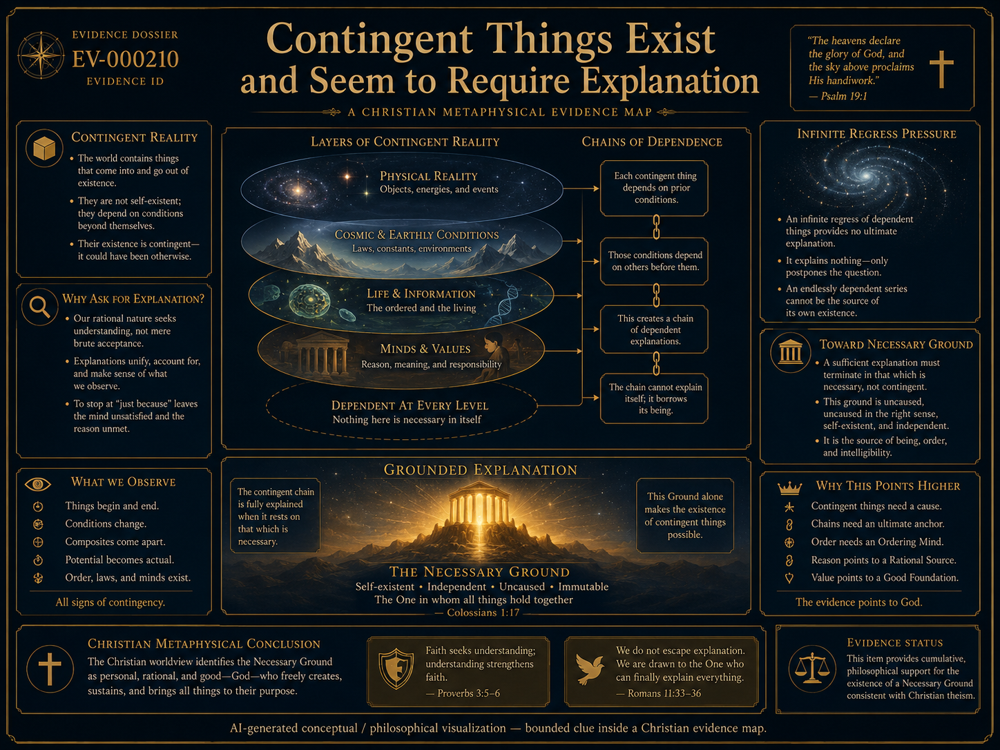 AI-generated conceptual and philosophical visualization of contingent things and necessary explanation, showing metaphysical dependence, causal chains, created order, and bounded Christian evidence framing.