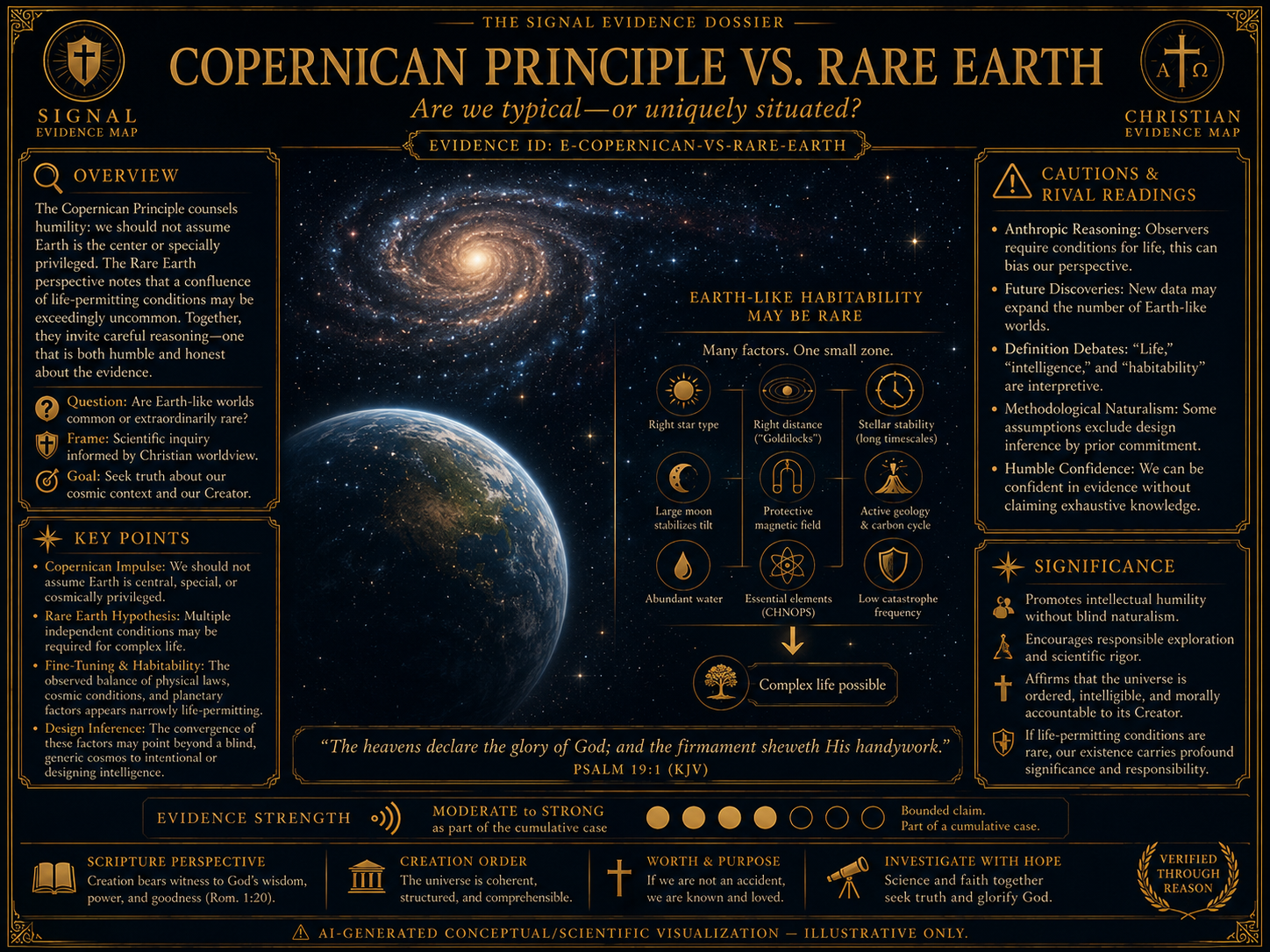 Cosmic Inquiry Earth Rare Habitability visual overview for Copernican principle vs 'Rare Earth' hypothesis. AI-generated conceptual / scientific visualization - for illustration only, not experimental data. Presented inside a Christian evidence map.