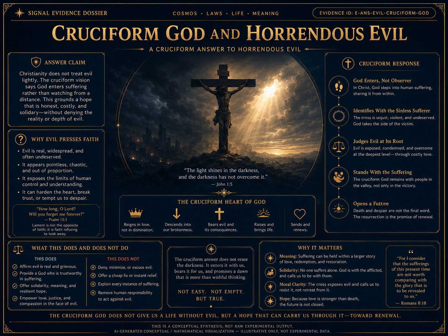 AI-generated comparative visualization for Cruciform answer to horrendous evil. Illustrative only, not experimental data.