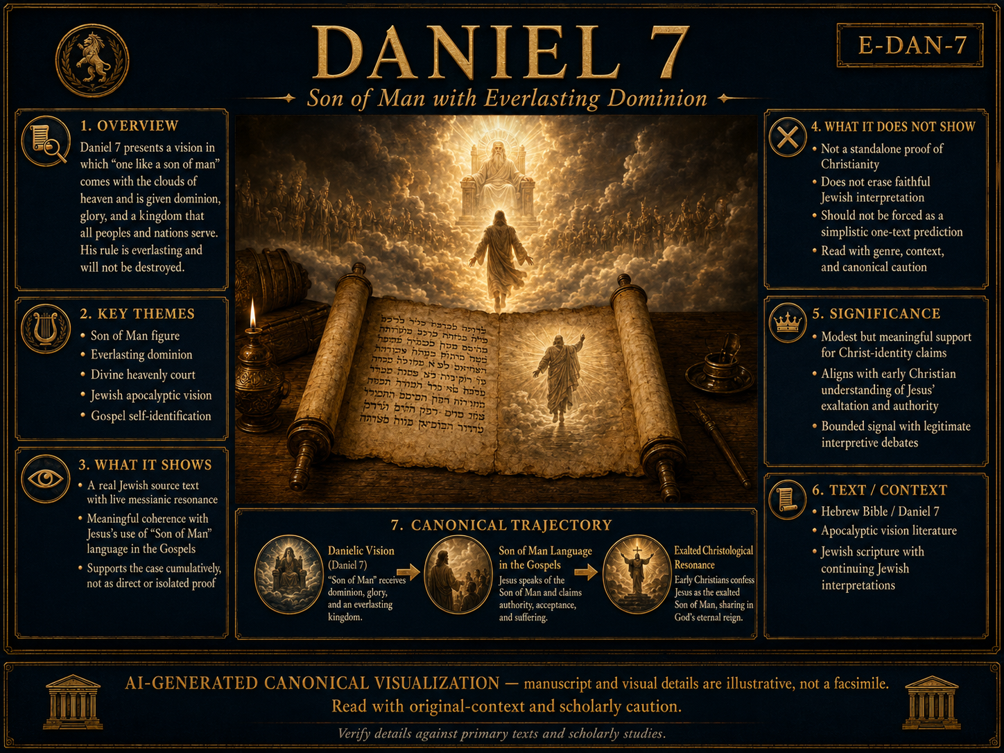 AI-generated canonical and historical visualization of Daniel 7, showing the Son of Man figure before the heavenly court receiving everlasting dominion and kingdom authority.