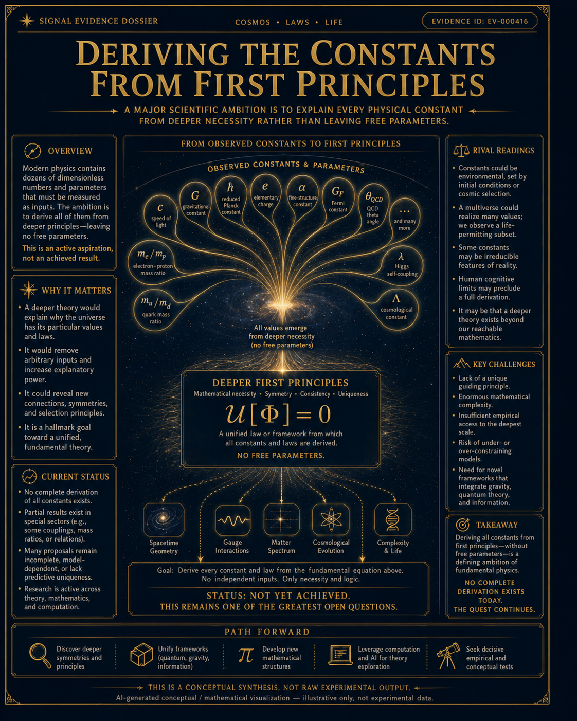 Deriving Constants From First Principles visual overview for Ambition to derive all constants from first principles (no free parameters). AI-generated visualization for orientation; verify details against the evidence dossier and primary sources.