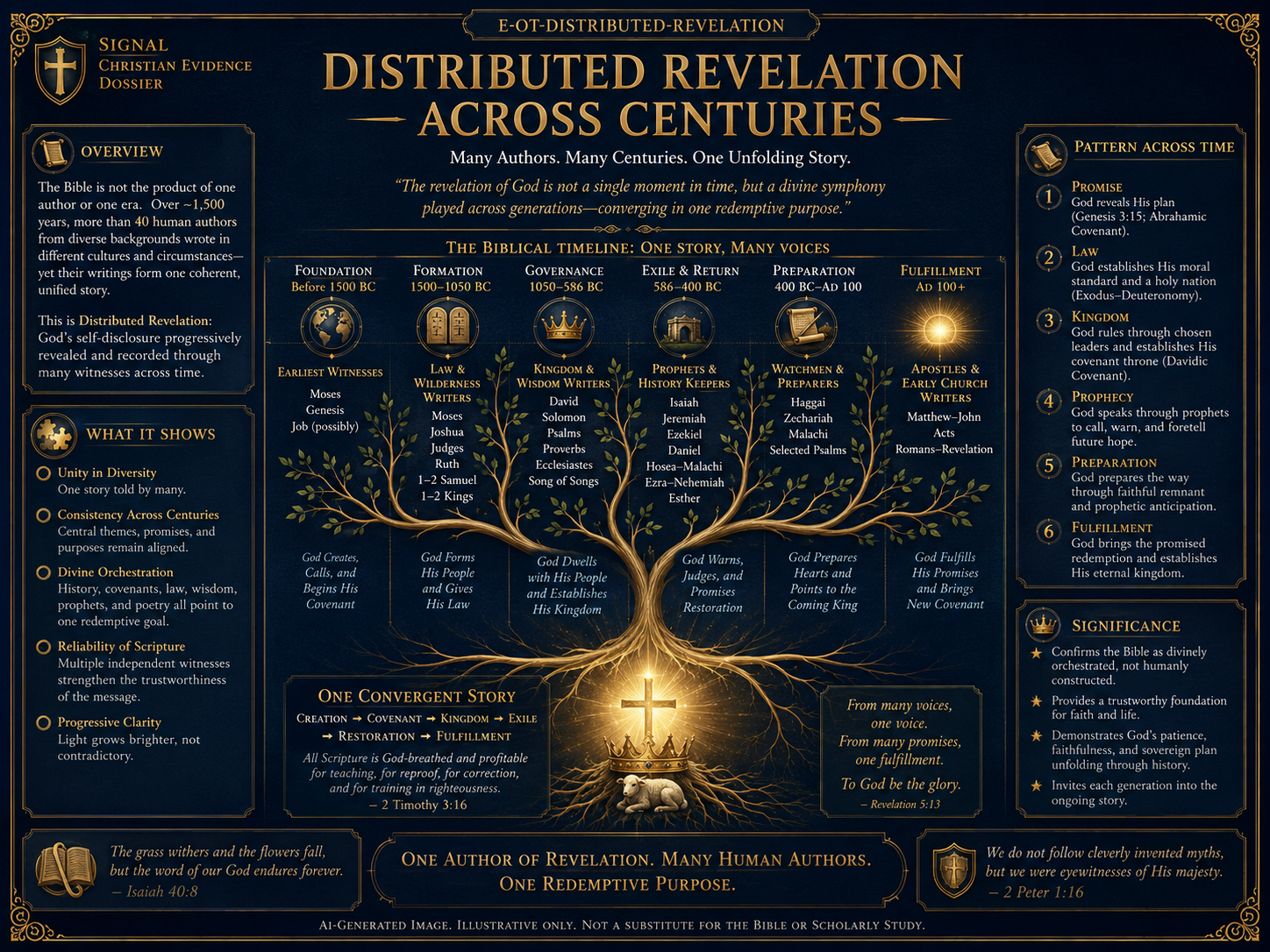 Distributed Revelation Across Centuries visual overview for Distributed revelation across centuries & authors. AI-generated biblical / historical visualization ? illustrative only, not a facsimile. Verify details against Scripture, primary sources, and scholarly studies.