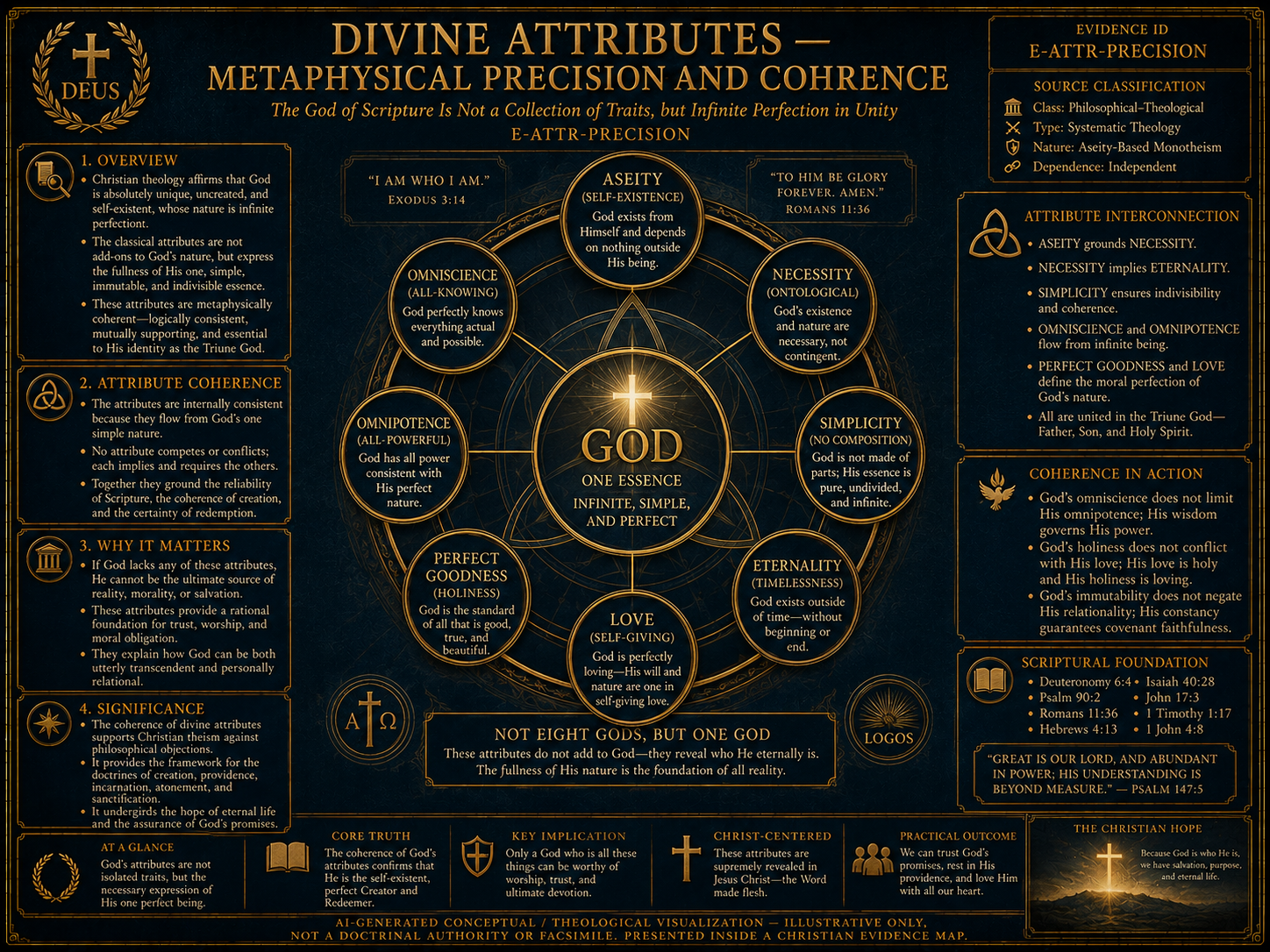 AI-generated conceptual and theological visualization of divine attributes, showing aseity, simplicity, omniscience, omnipotence, goodness, and metaphysical coherence within a Christian evidence map.