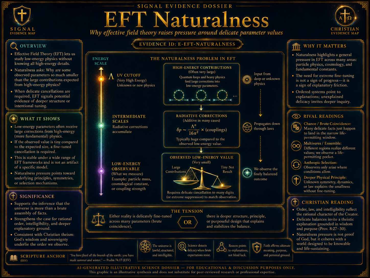 AI-generated conceptual scientific visualization of effective field theory naturalness, showing high-energy contributions, radiative corrections, observed low-energy values, delicate cancellations, and rival readings of fine-tuning pressure.