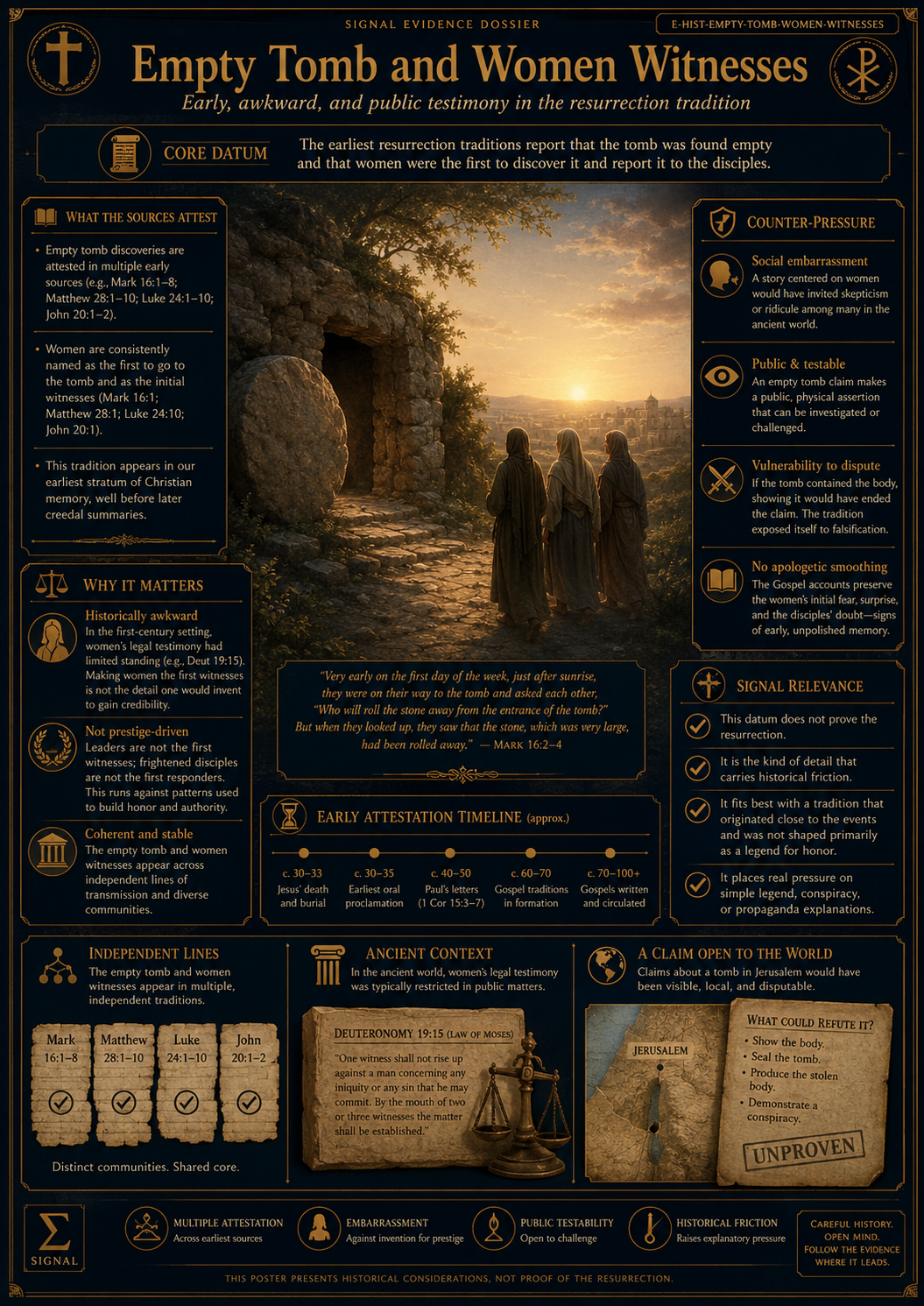 AI-generated historical and canonical visualization of the empty tomb and women's testimony, showing the Gospel witness pattern as bounded resurrection evidence inside a Christian evidence map.