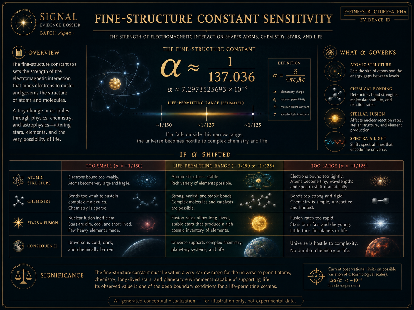 AI-generated conceptual visualization of the fine-structure constant alpha, showing electromagnetism, atomic stability, electron orbits, chemistry, stellar processes, and life-permitting physical order.