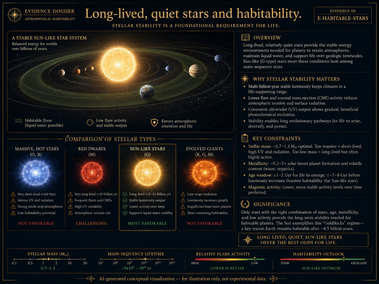AI-generated conceptual visualization of long-lived quiet stars and habitability, showing stable stellar output, habitable zones, planetary systems, low flare activity, and time for complex life.