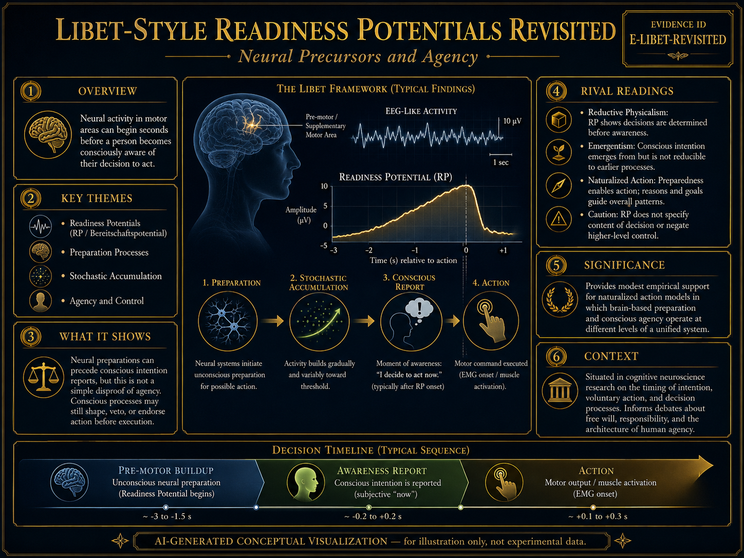 AI-generated conceptual visualization of Libet-style readiness potential experiments, showing preconscious neural activity, decision timing, agency, moral responsibility, and neuroscience limits.