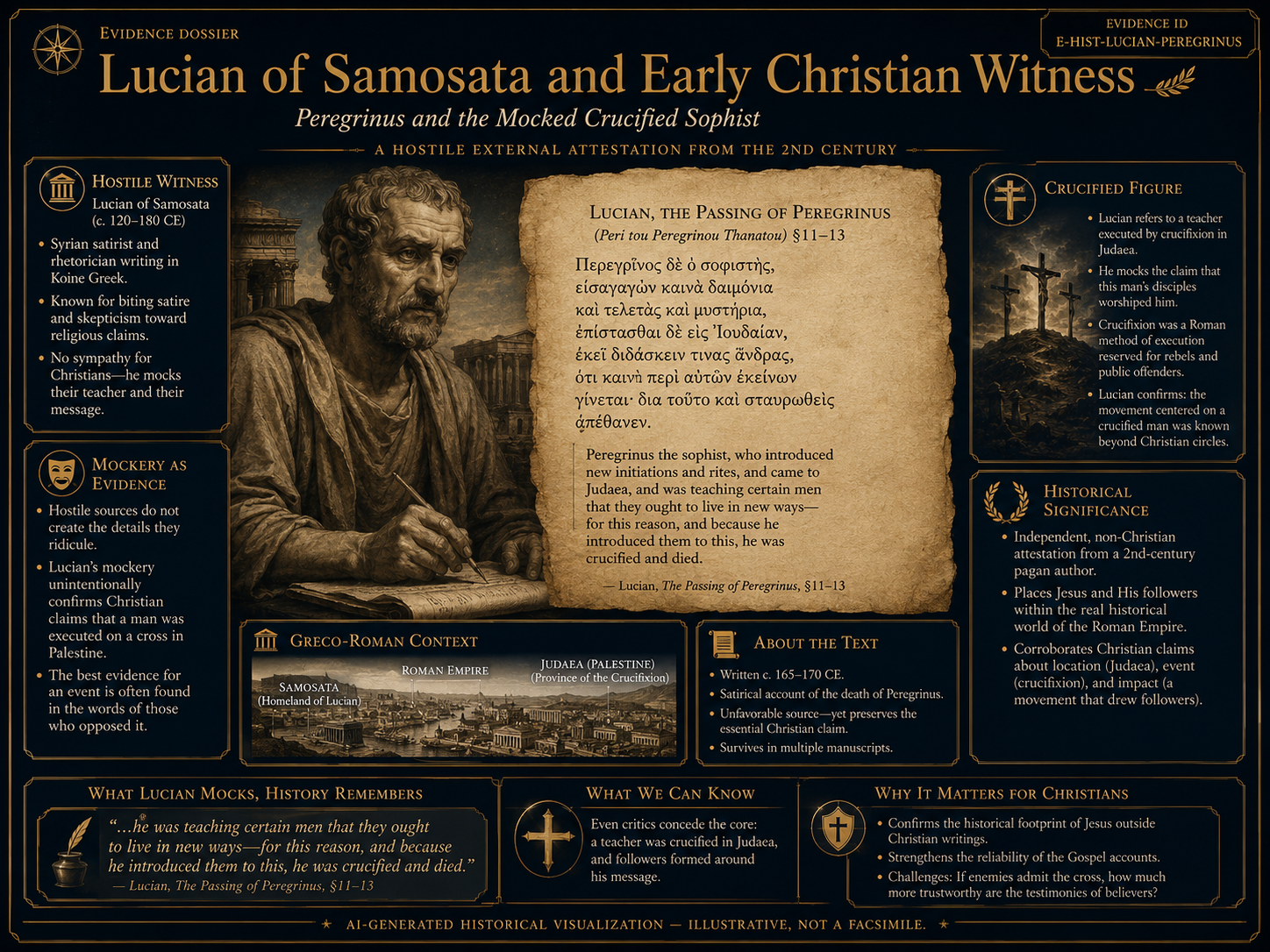 AI-generated historical visualization of Lucian of Samosata's mockery of Christians and the crucified sage, showing external attestation, satire, early Christian devotion, and non-Christian witness.