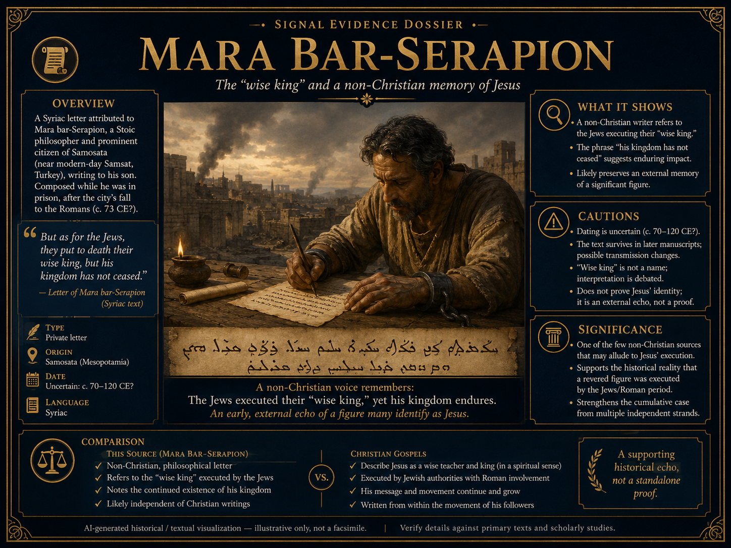 Mara Bar Serapion And The Wise King visual overview for Mara bar-Serapion letter — 'wise king' executed by Jews. AI-generated historical visualization ? details are illustrative, not a facsimile. Verify against primary sources and scholarly editions.