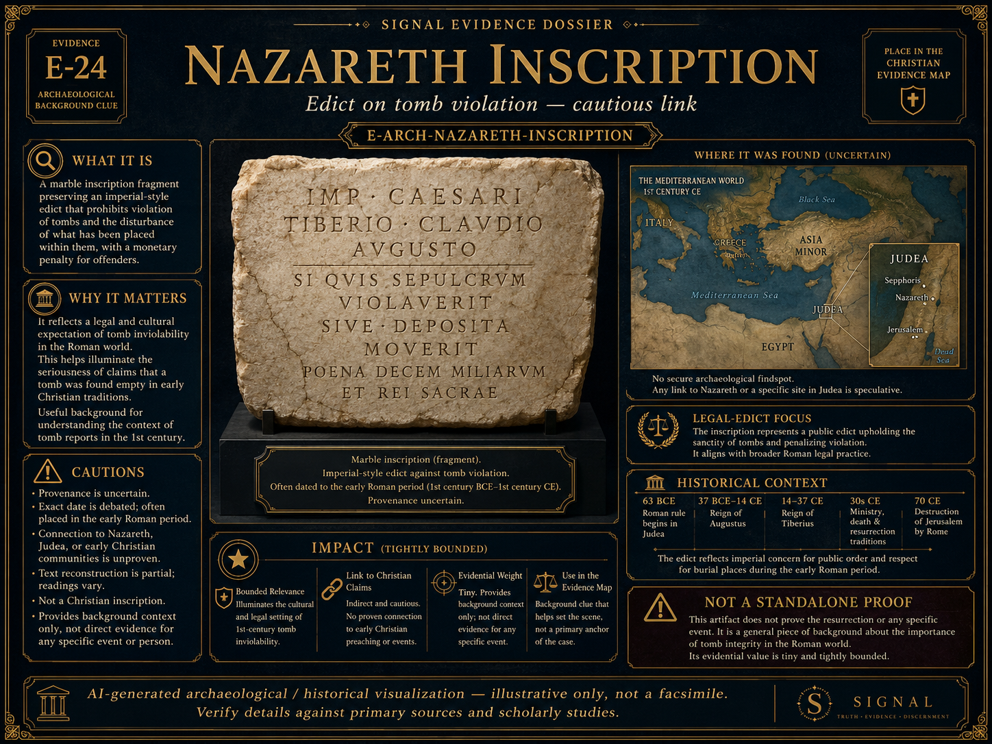 AI-generated historical and archaeological visualization of the Nazareth Inscription as a cautious tomb-violation evidence item, showing inscription context and bounded relevance to burial and resurrection questions.