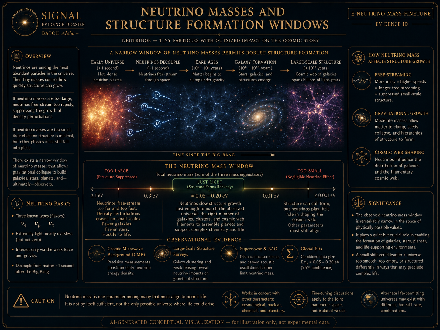 AI-generated conceptual visualization of neutrino mass and structure formation, showing tiny neutrinos, cosmic background structure, galaxy formation, mass limits, and life-permitting cosmology.