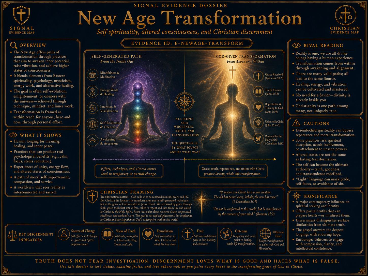New Age Vs Christian Transformation visual overview for New Age — transformative practices and experiential change. AI-generated comparative / apologetic visualization - illustrates a pressure, rival reading, or comparative claim inside a Christian evidence map. Not a statement of final endorsement.