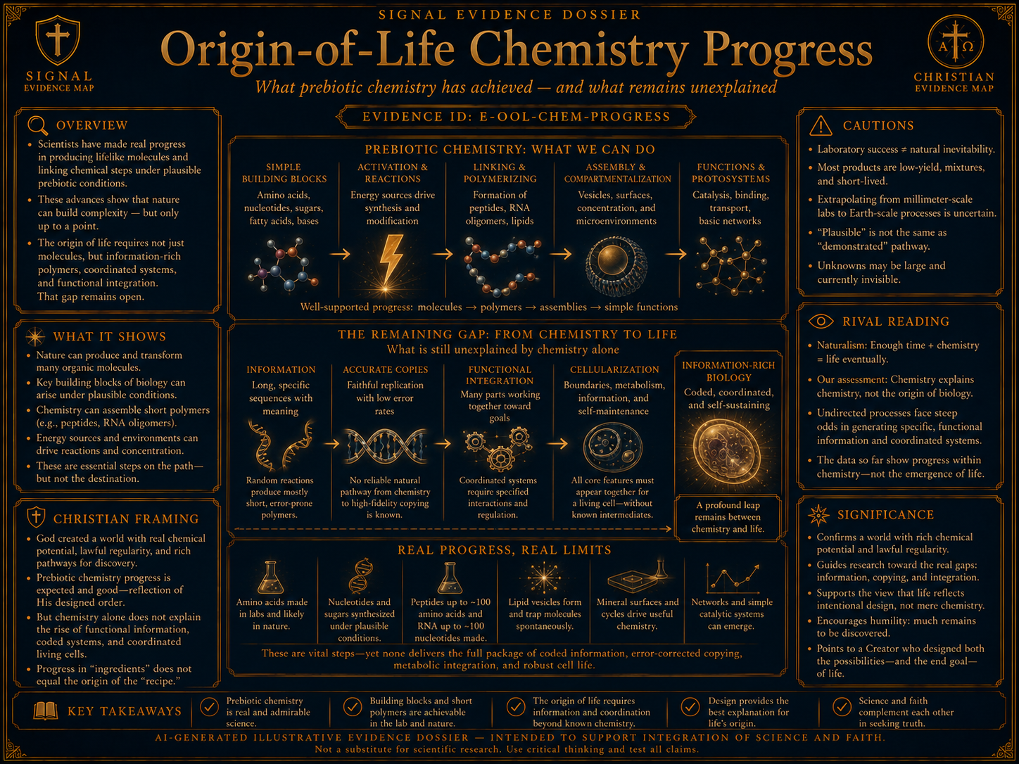 Origin Of Life Chemistry Dossier visual overview for Origin of Life — prebiotic chemistry progress (counterpoint). AI-generated comparative / apologetic visualization - illustrates a pressure, rival reading, or comparative claim inside a Christian evidence map. Not a statement of final endorsement.