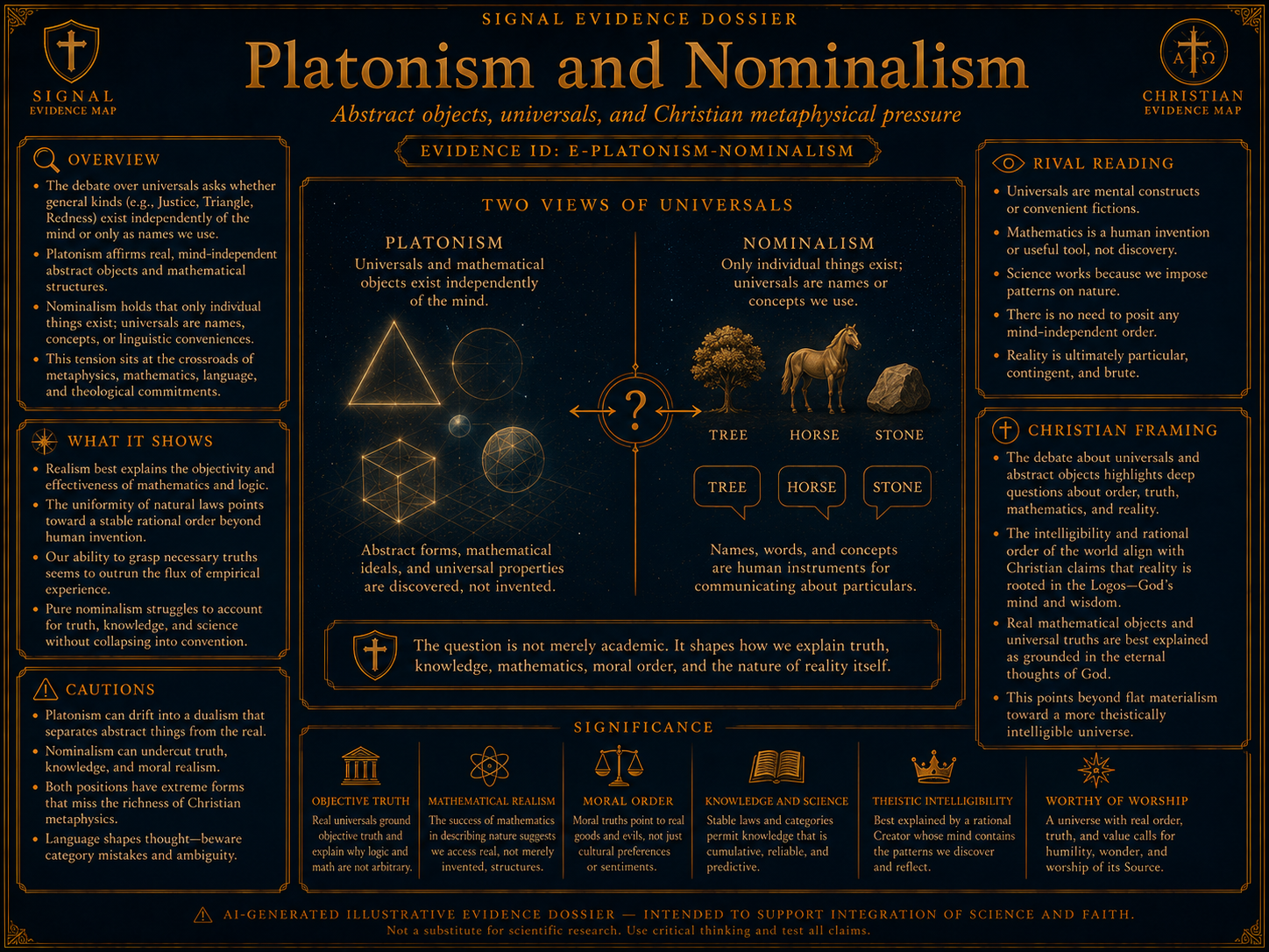 Platonism Vs Nominalism Philosophical Dossier visual overview for Platonism vs nominalism: explanatory power. AI-generated conceptual / mathematical visualization - illustrative only, not experimental data. Presented inside a Christian evidence map.
