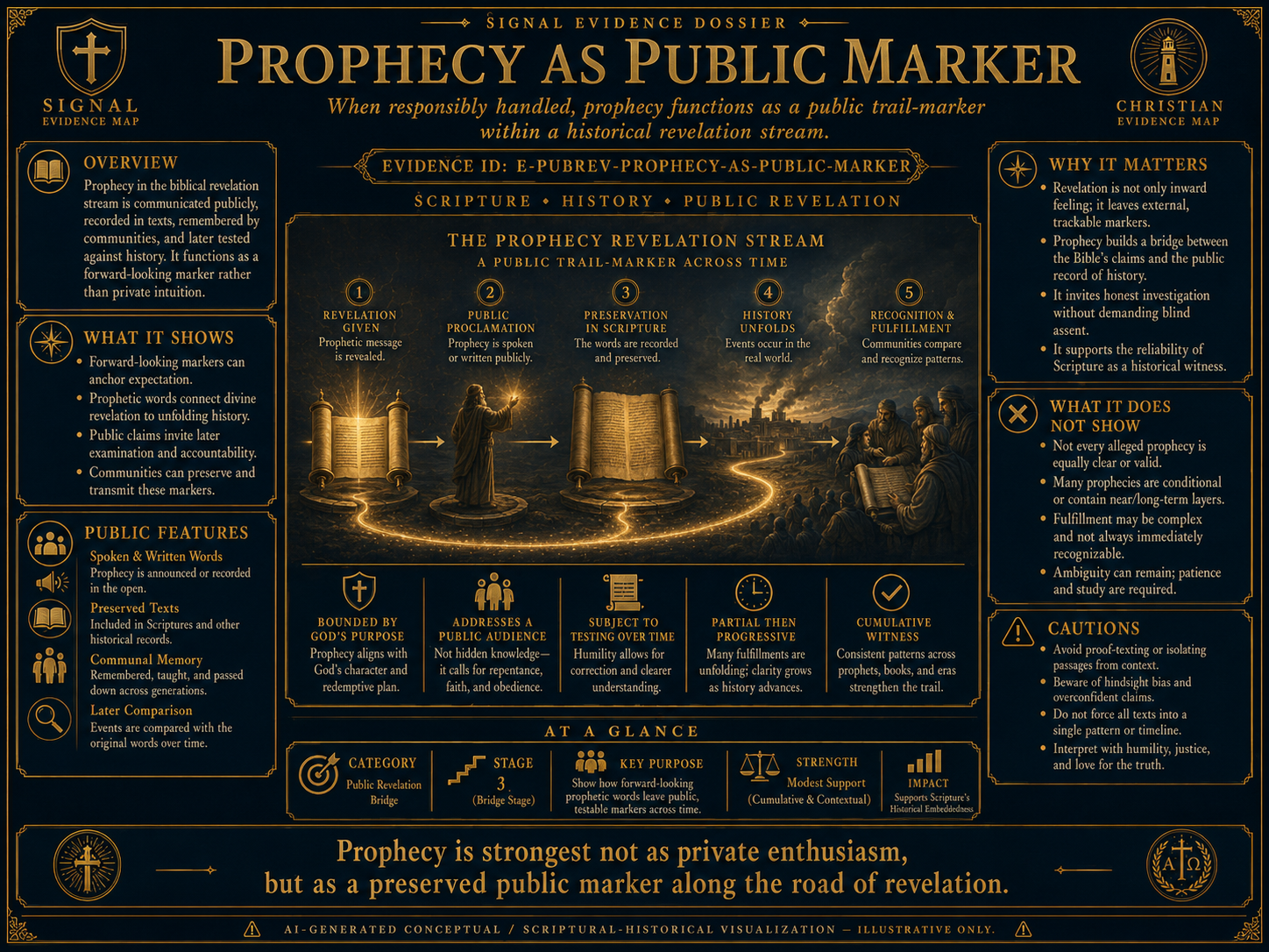 Prophecy as a public marker in revelation history visual overview. AI-generated conceptual / theological visualization - illustrative only, not a facsimile, prediction proof, or doctrinal authority. Presented inside a Christian evidence map.