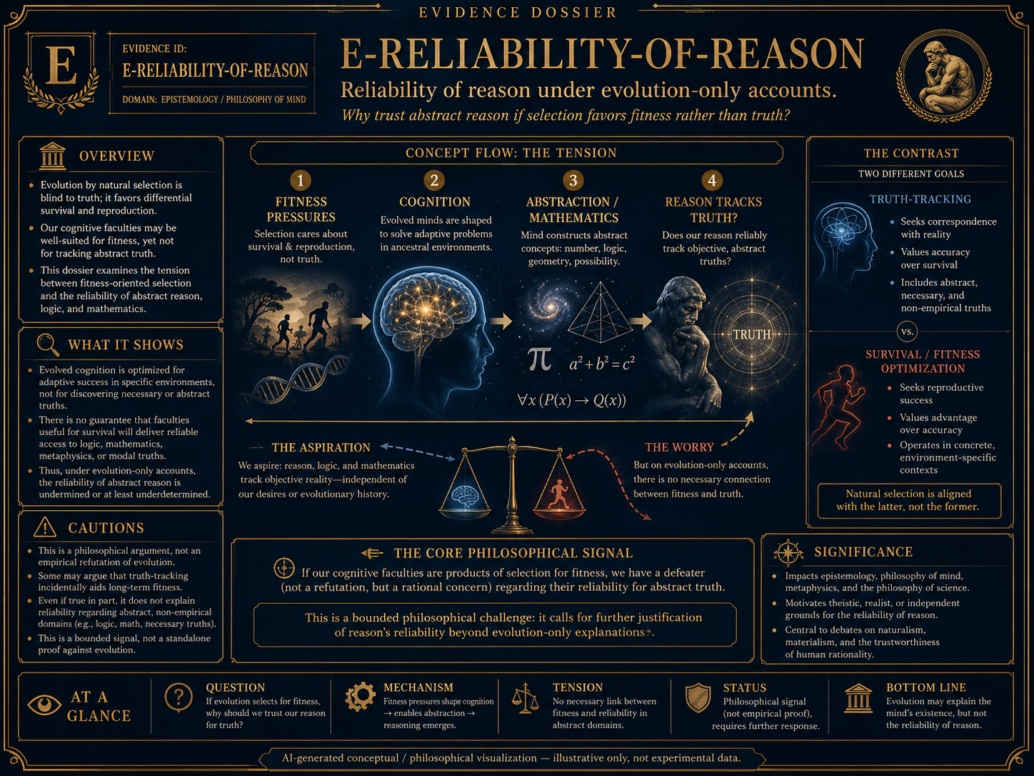 AI-generated conceptual visualization of the reliability of reason under evolution-only accounts, showing survival, truth, abstract reasoning, mathematics, moral reflection, and created order.