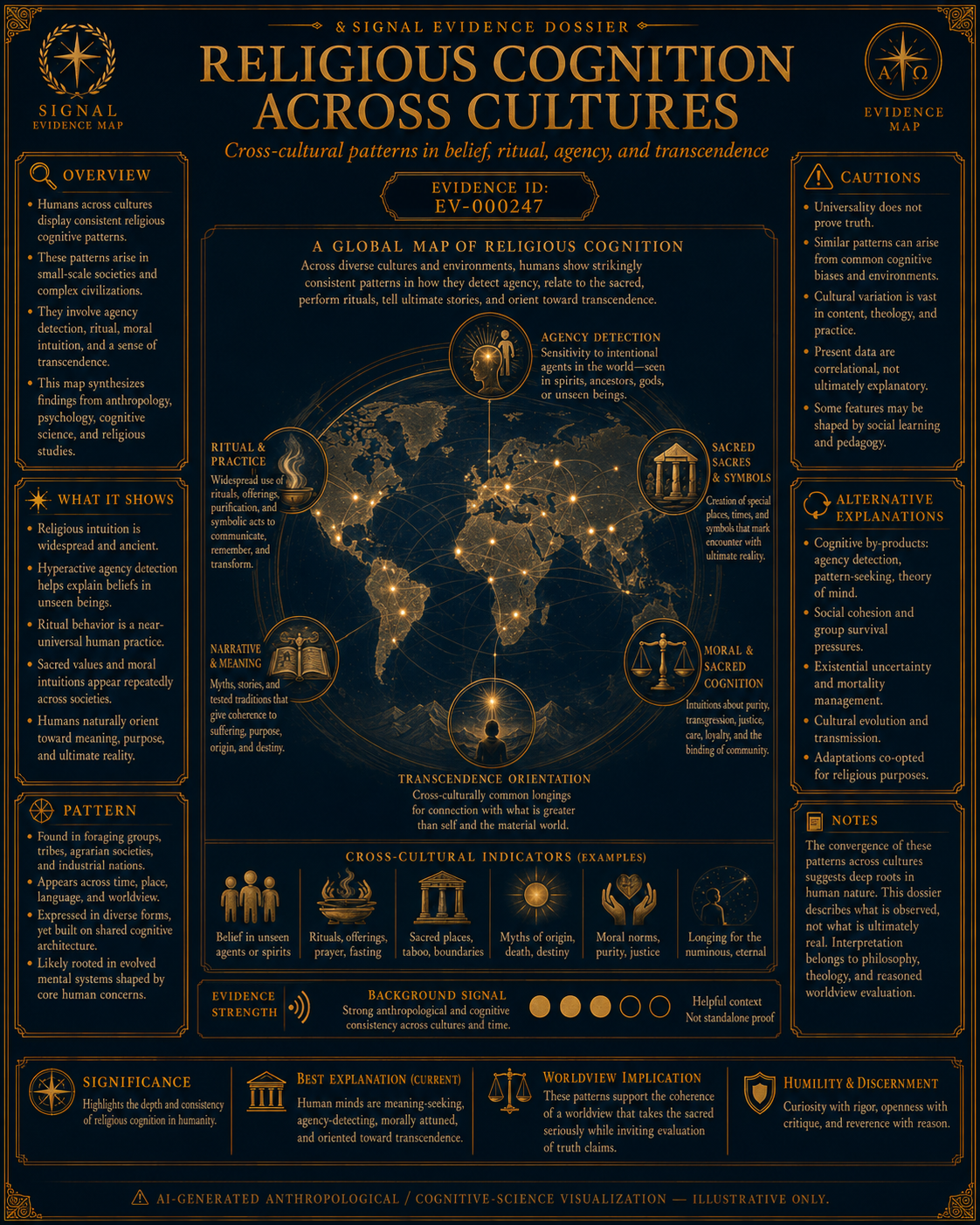 Religious Cognition Across Cultures Map visual overview for Religious Cognition Across Cultures. AI-generated visualization for orientation; verify details against the evidence dossier and primary sources.
