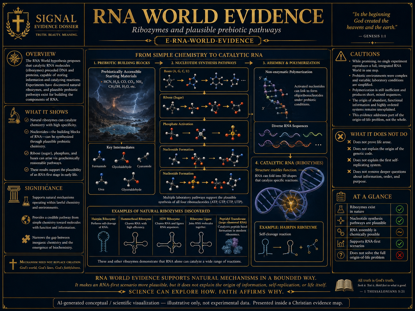 AI-generated conceptual scientific visualization of RNA world evidence, ribozymes, prebiotic nucleotide pathways, origin-of-life chemistry, and bounded natural-mechanism pressure inside a Christian evidence map.
