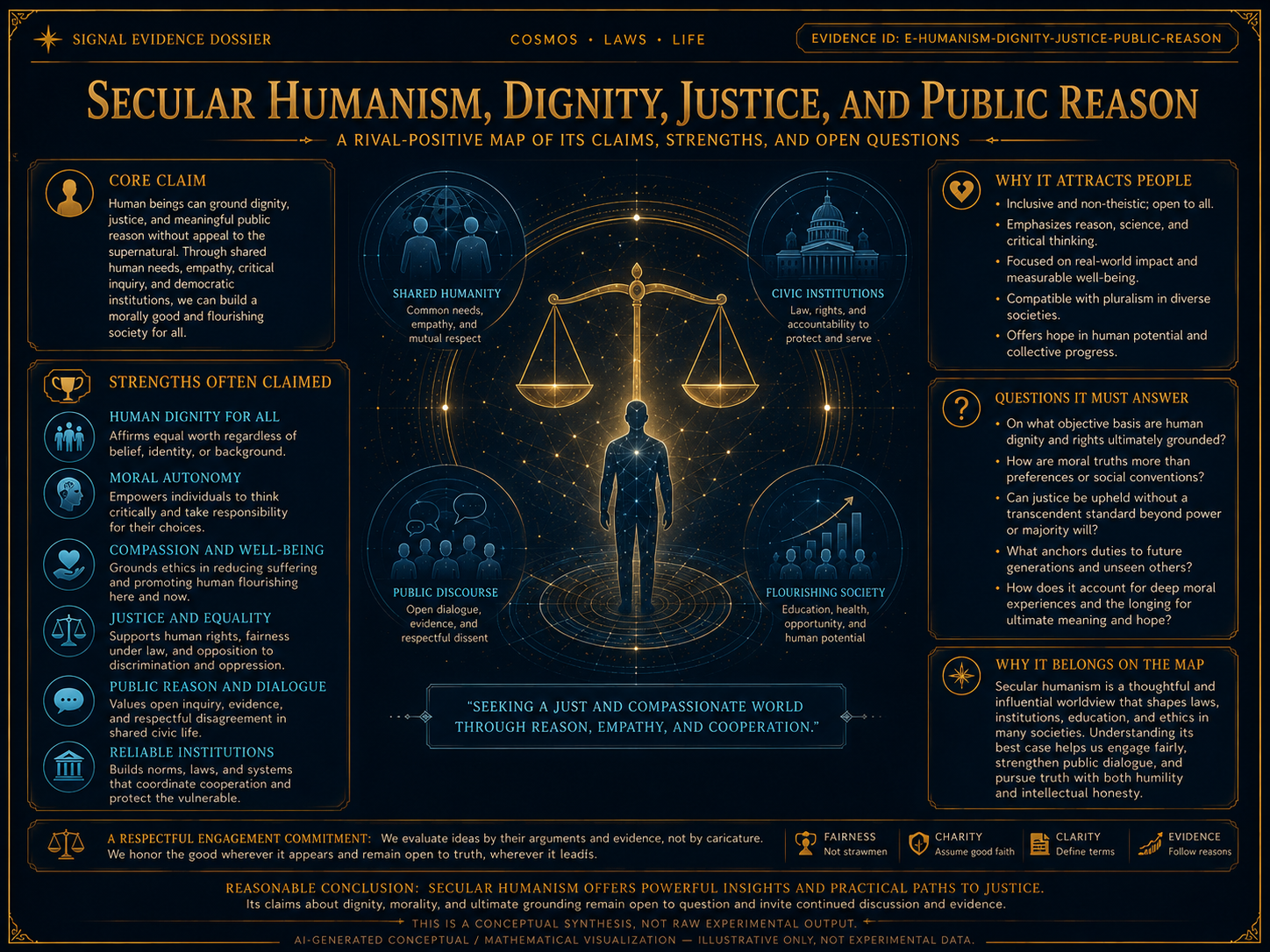 AI-generated comparative visualization for Secular humanism, dignity, justice, and public reason. Illustrative only, not experimental data.