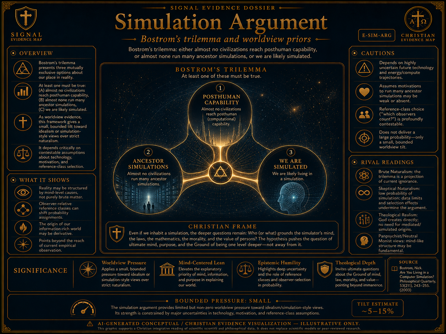 Simulation Argument Dossier With Christian Framework visual overview for Simulation argument (Bostrom) — trilemma & priors. AI-generated conceptual visualization - illustrates a simulation-related rival or cautionary claim inside a Christian evidence map. Not a statement of final endorsement.