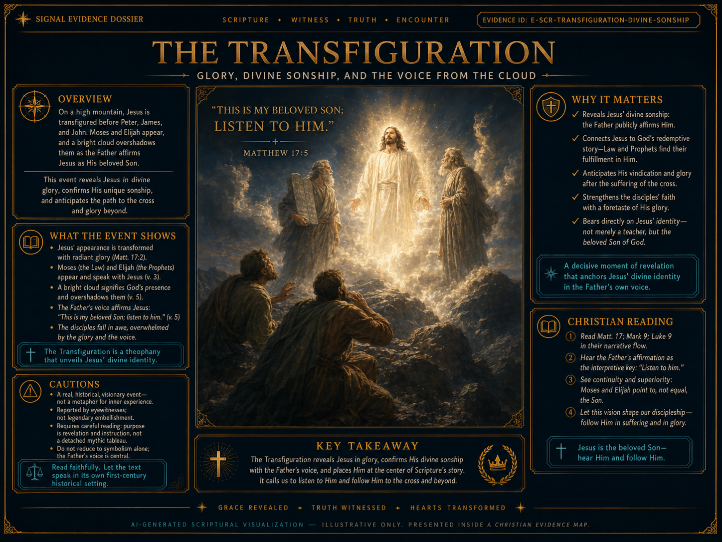 AI-generated conceptual visualization for Transfiguration, glory, and divine sonship. Illustrative only, not experimental data.
