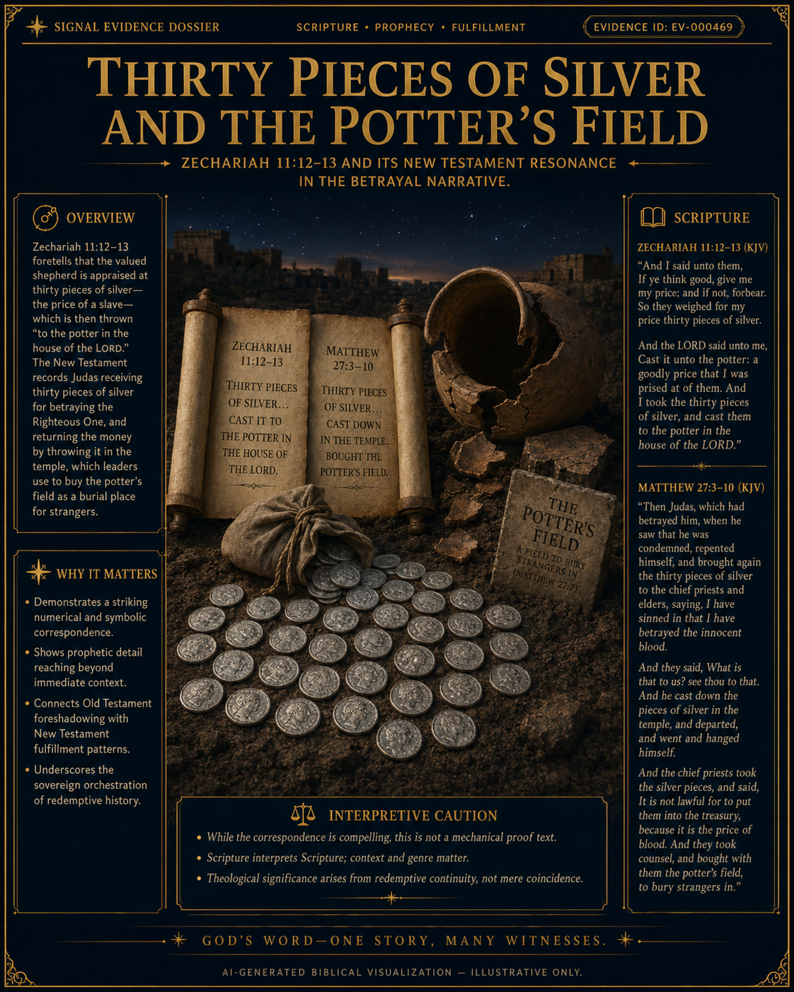 Thirty Pieces Of Silver And Prophecy visual overview for Zechariah 11:12–13 — Thirty pieces of silver and potter’s field. AI-generated visualization for orientation; verify details against the evidence dossier and primary sources.
