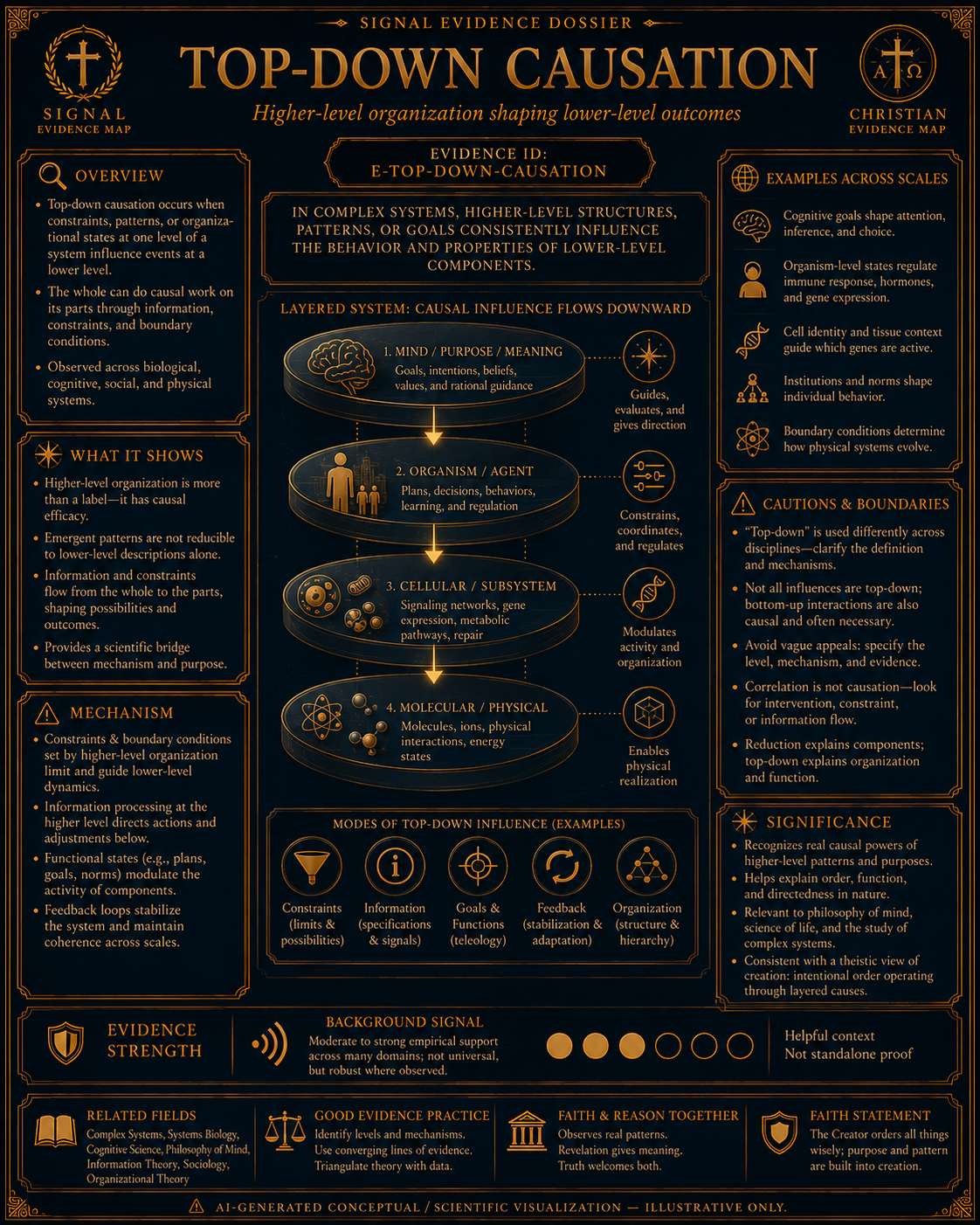 Top Down Causation Evidence Dossier visual overview for Top-down causation in complex systems. AI-generated visualization for orientation; verify details against the evidence dossier and primary sources.