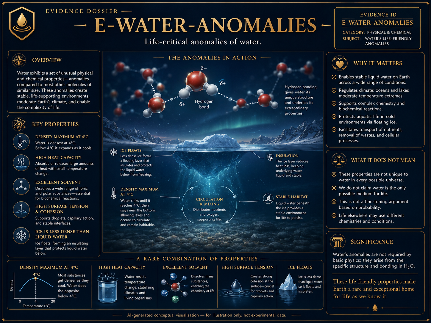 AI-generated conceptual visualization of life-critical water anomalies, showing ice floating, solvent behavior, heat capacity, climate stability, chemistry, and aquatic life.