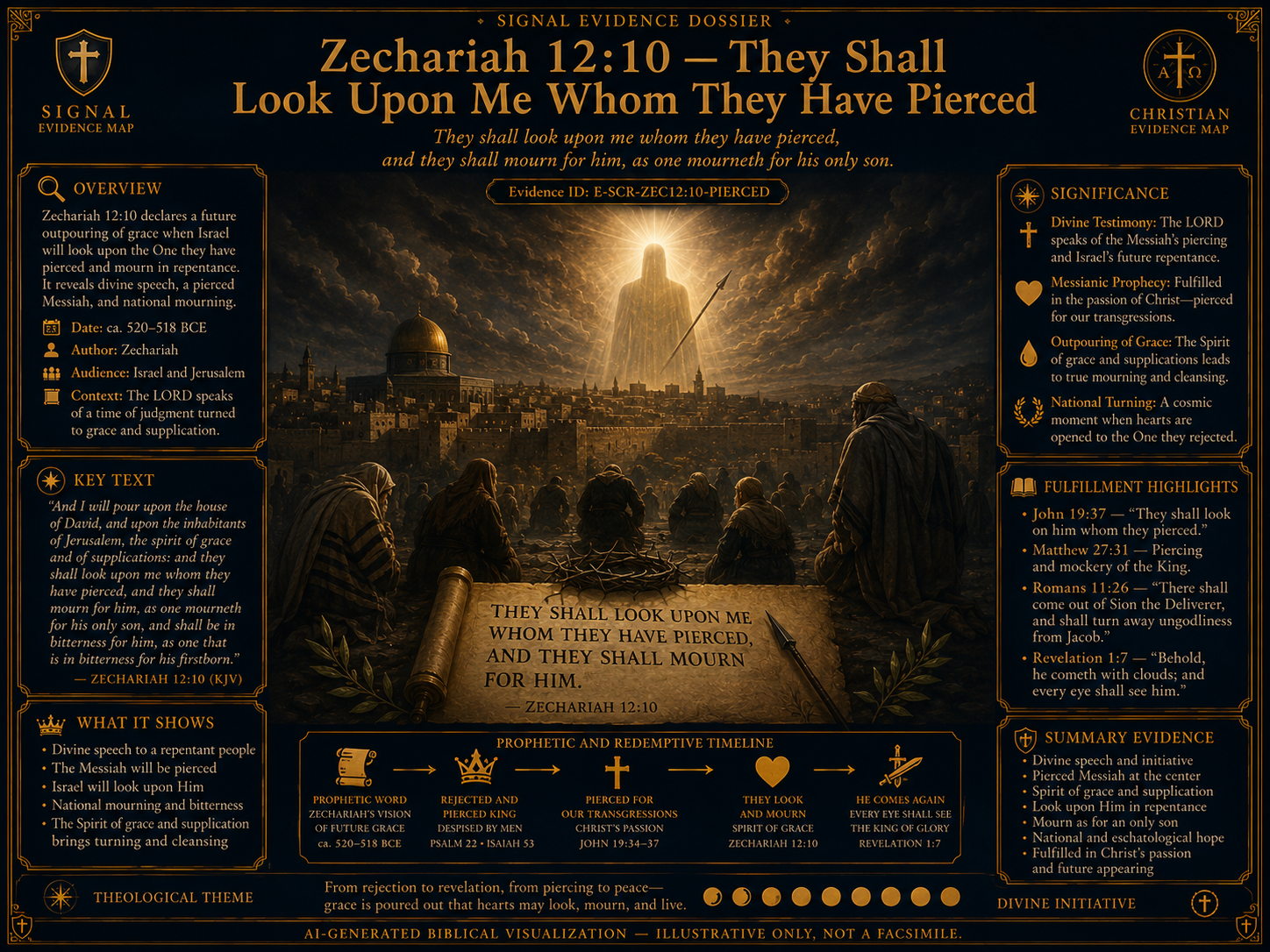 Zechariah 12 10 Prophetic Revelation visual overview for Zechariah 12:10 — 'They shall look on me whom they have pierced'. AI-generated biblical / historical visualization ? illustrative only, not a facsimile. Verify details against Scripture, primary sources, and scholarly studies.